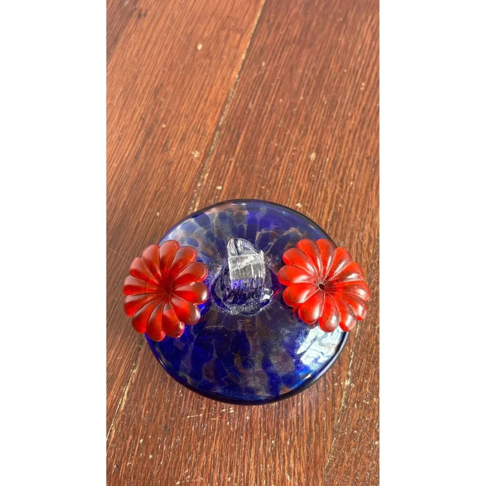 Hand Blown Glass Hummingbird Feeder Cobalt Blue Confetti Red Flower Port Hanging